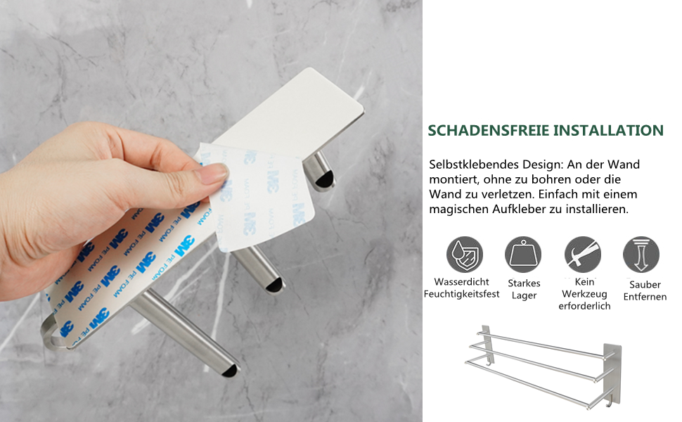 Тримач для рушників Vista з 3-ма перекладинами, 75 см, SUS304 нержавіюча сталь, без свердління, з двома гачками, сріблястий, для ванної, кухні, спальні