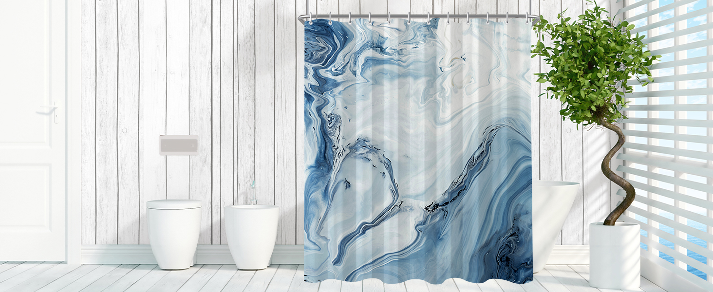 Штора для душу 180x200 см з утяжеленим краєм, антигрибкова, водовідштовхувальна, поліестер, з кільцями (Блакитний градієнт мармуру)