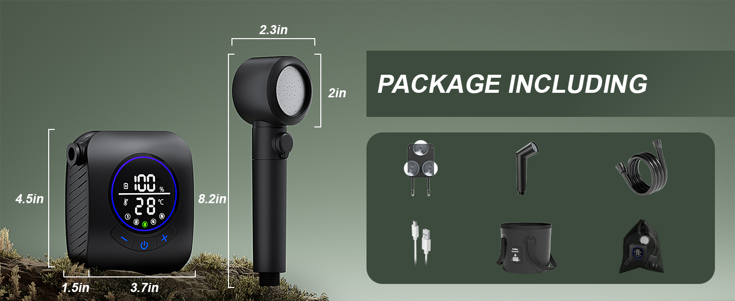Митрікс Душ для кемпінгу портативний, 8000mAh з індикатором температури, 19 л, складаний відро, для кемпінгу, подорожей, саду, піших прогулянок, миття авто (чорний)