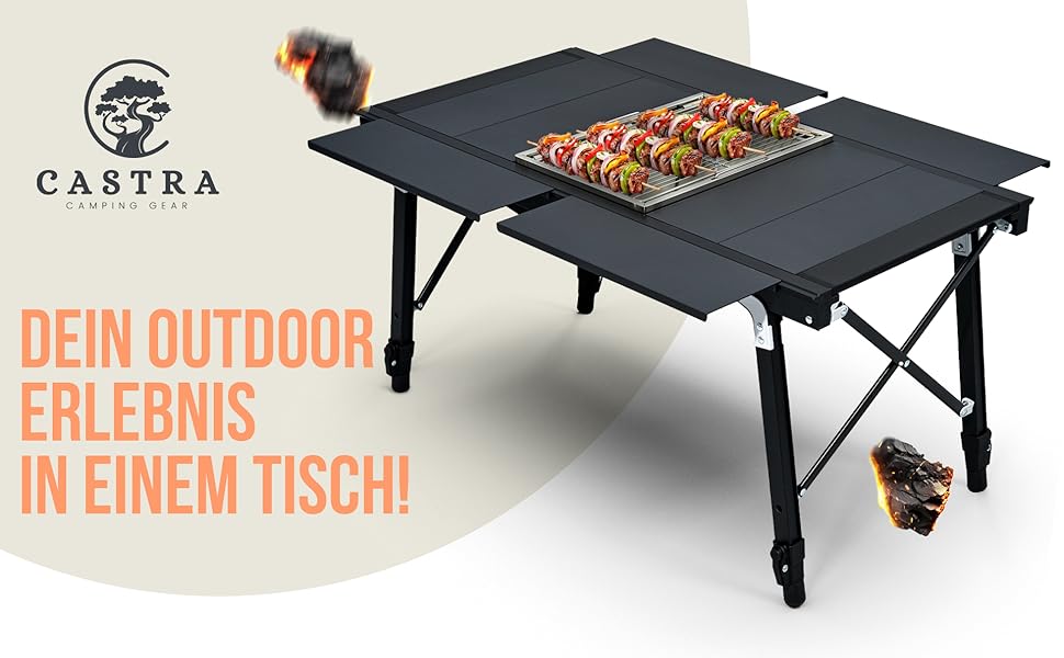Стол для кемпінгу Castra Premium з грилем – алюміній 7075, регульована висота, вологостійкий, складаний, багатофункціональний, аксесуари для кемпінгу, саду, подорожей та риболовлі