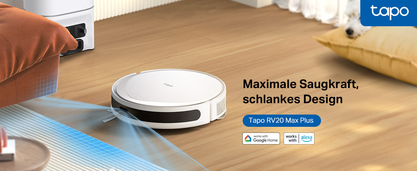 Робот-пилосос Tapo RV20 Max Plus з функцією миття та автоматичною станцією самостійного очищення, 5300Pa, 83 мм, сумісний з Alexa & Google Assistant, білий
