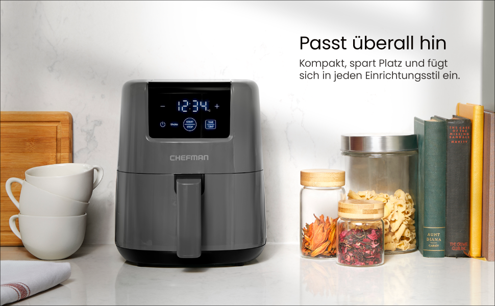 Chefman 2L Digital Air Fryer - Compact, Non-Stick, Dishwasher-Safe Air Fryer with Timer & Shake Reminder - Grey