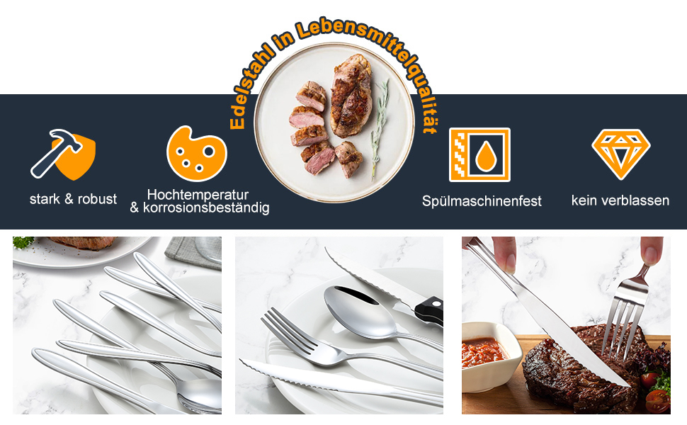 Набір столових приборів Hunnycook 72 шт. з ніжками для стейка, преміум-якість, нержавіюча сталь, для дому/ресторану/вечірки, придатний для миття в посудомийній машині