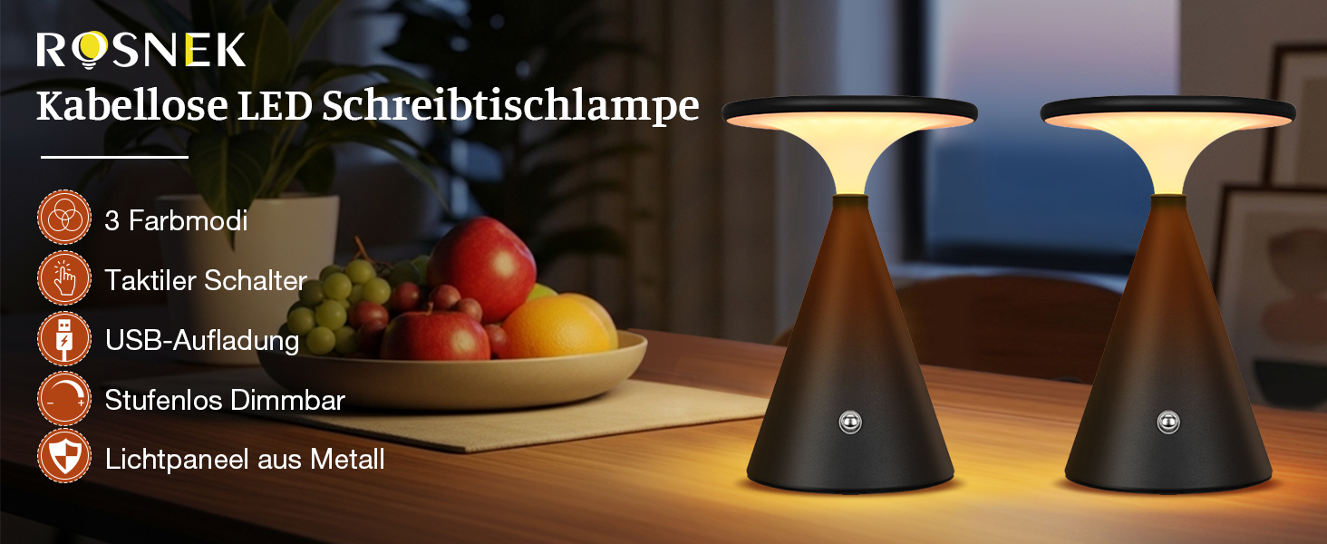 Світлодіодна настільна лампа бездротова LED акумуляторна, димуєма, 4000mAh, для приміщення та вулиці, сенсорна, 3 кольори, регульована яскравість, стильна (1 шт., чорна)