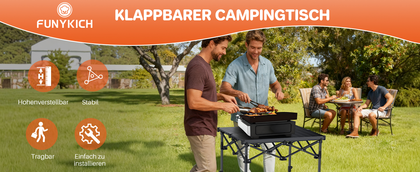 FUNYKICH Складаний столик для кемпінгу 82 x 40 см з регулюванням висоти (44/70 см), легкий та портативний, з сітчастою кишенею, алюмінієва розкладна стільниця для барбекю, кемпінгу, пікніка, саду