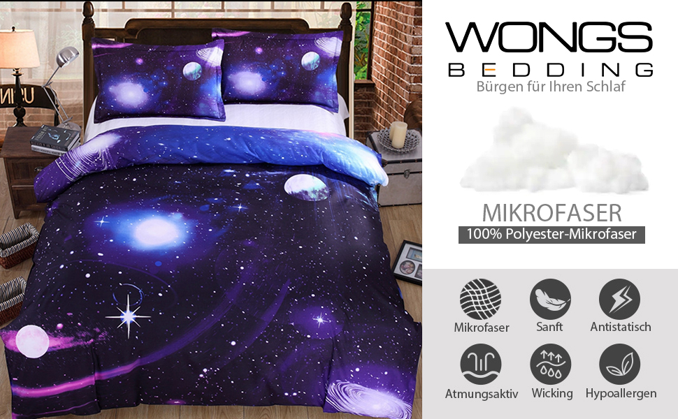 Комплект постільної білизни WONGS BEDDING Galaxy 135x200 + 50x75, мікрофібра, блакитний, 2 частини, з принтом зоряного неба
