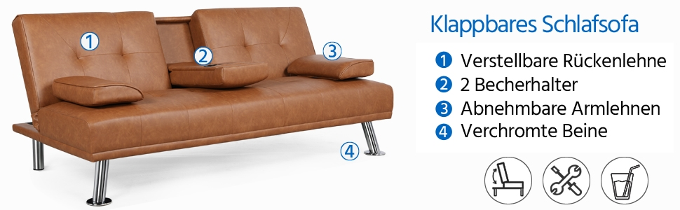 Yaheetech 3-Seater Convertible Sofa Bed with Cup Holders and Reclining Backrest