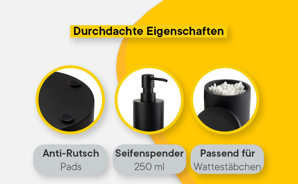 DELUXXOO® Набір аксесуарів для ванної кімнати 6 шт. чорний матовий: органайзер, диспенсер для мила, мильниця, стакан для зубної щітки, піднос, ящик для зберігання