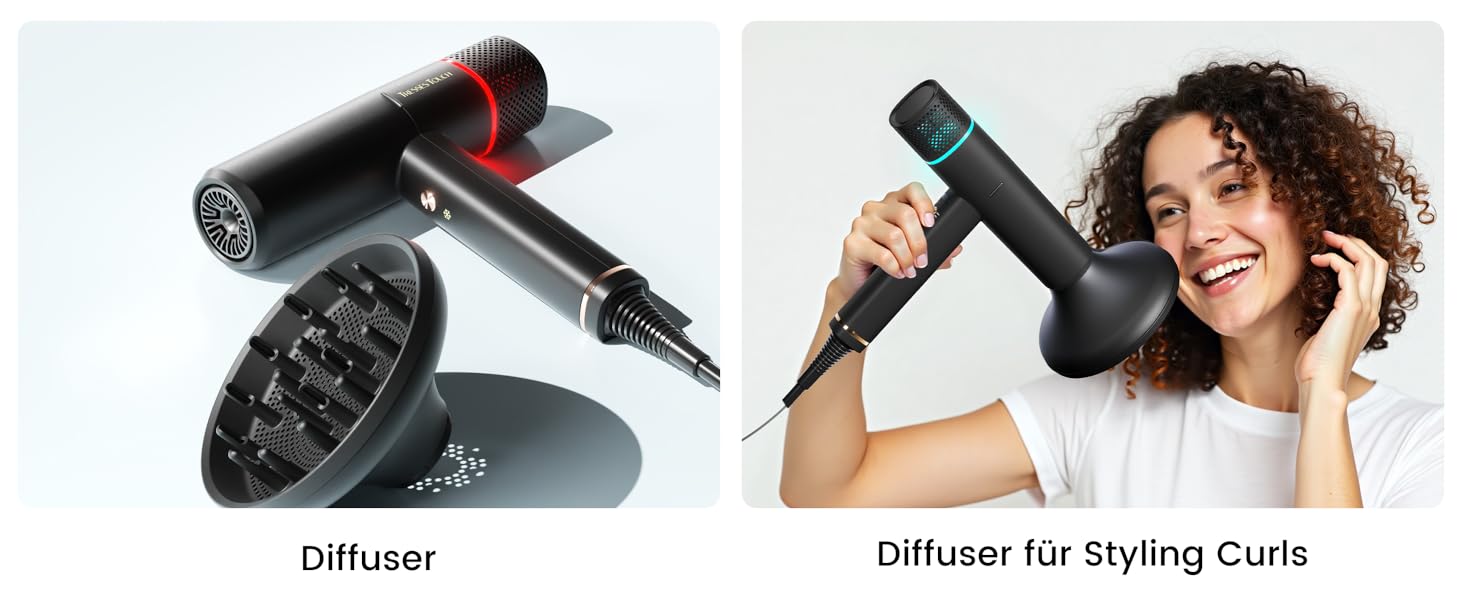 Іонізатор для волосся Föhn: Швидкий фен з дифузором для жінок та чоловіків, 3 режими, 2 швидкості, чорний