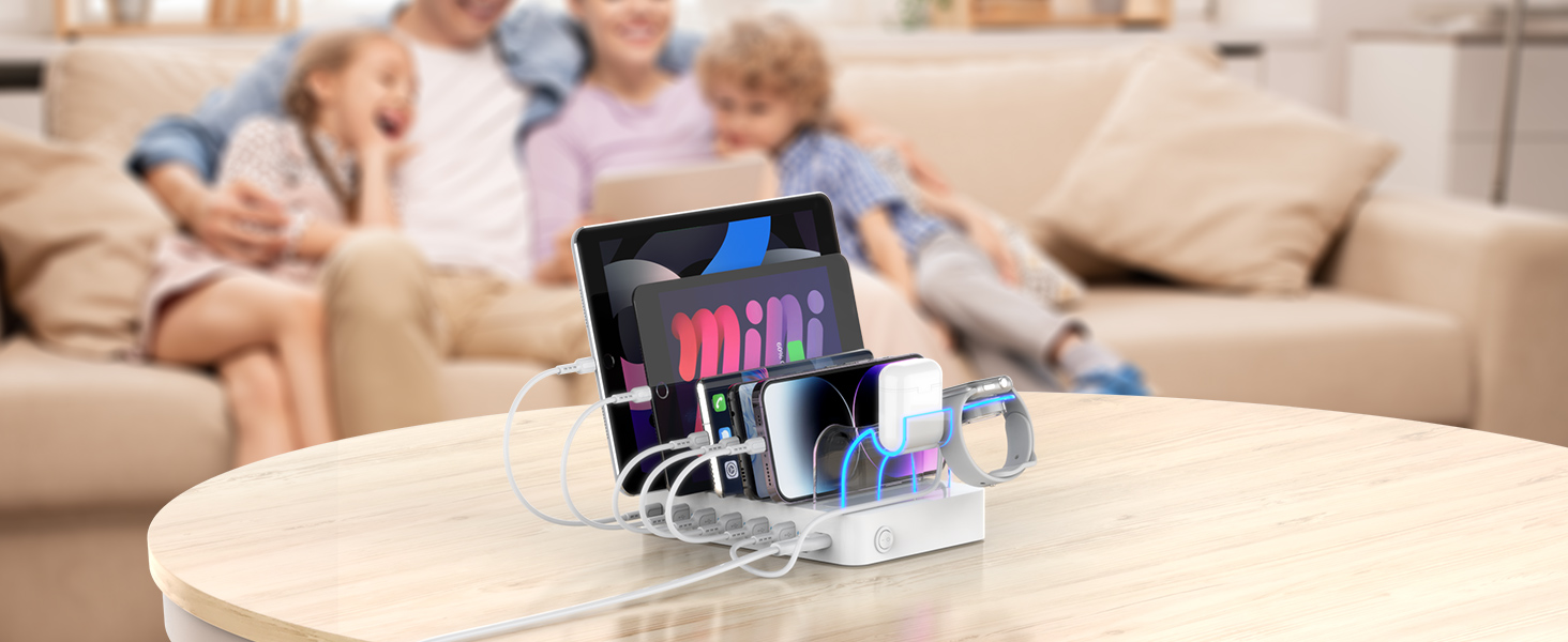 Зарядна станція SooPii USB 60W/12A, 6 портів з PD 20W для iPhone/Samsung, тримач для Apple Watch, 6 кабелів у комплекті - біла