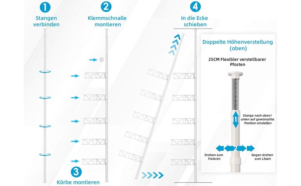 Кутовий телескопічний поличний органайзер для душу Bomclap з 5 кошиками, металевий, регульована висота 106-287 см, для ванни та душу, без свердління, білий