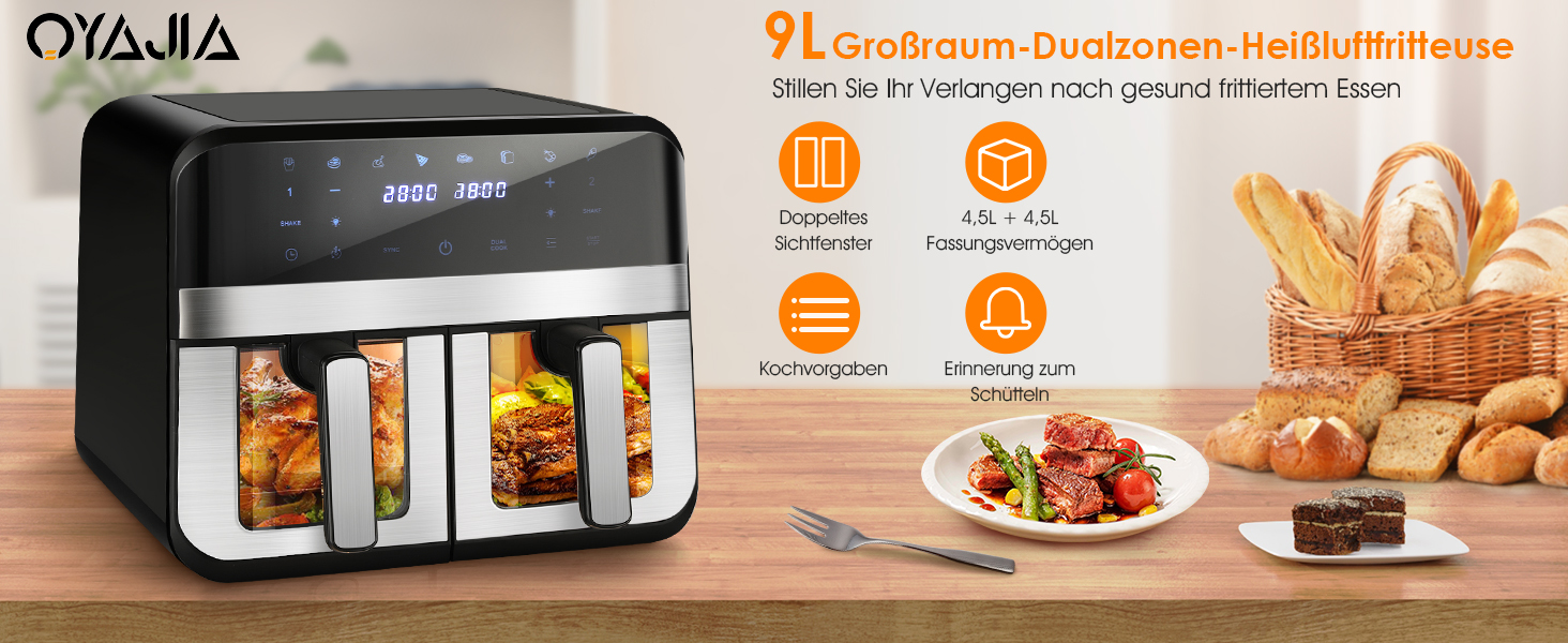 Фритюрниця повітряна 9L з цифровим LED-дисплеєм та сенсорним екраном, 10-в-1, без олії, здорове приготування їжі