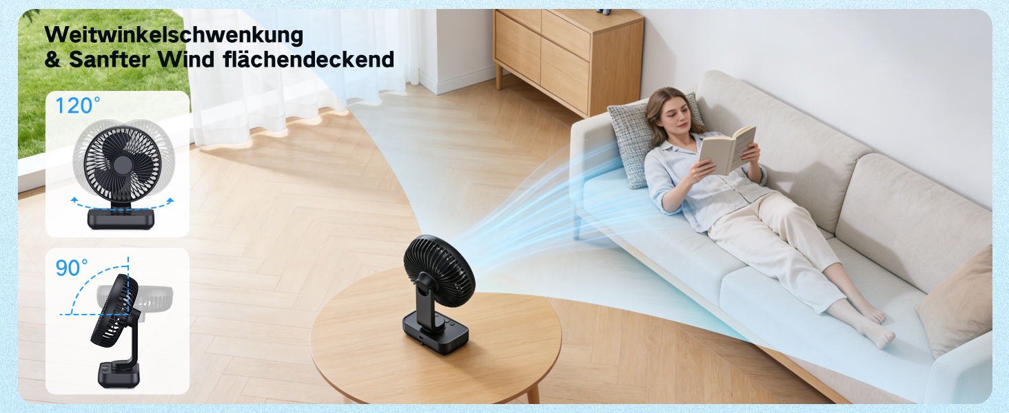 Портативний вентилятор настільний з акумулятором, тихий (30 дБ), 4 швидкості, LED дисплей, USB-C, знімний, для дому та офісу