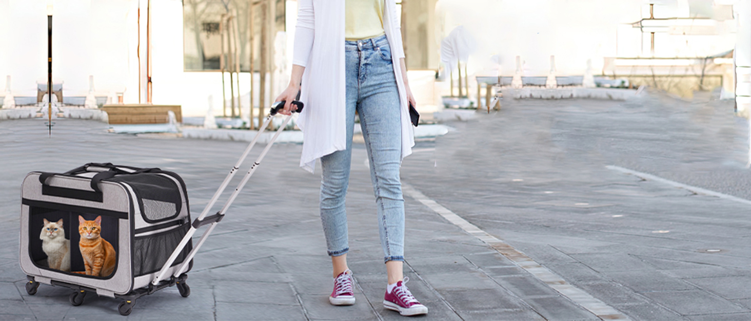 Транспортна переноска для котів та собак з подвійним відділенням, знімною перегородкою та колесами, чорна, L