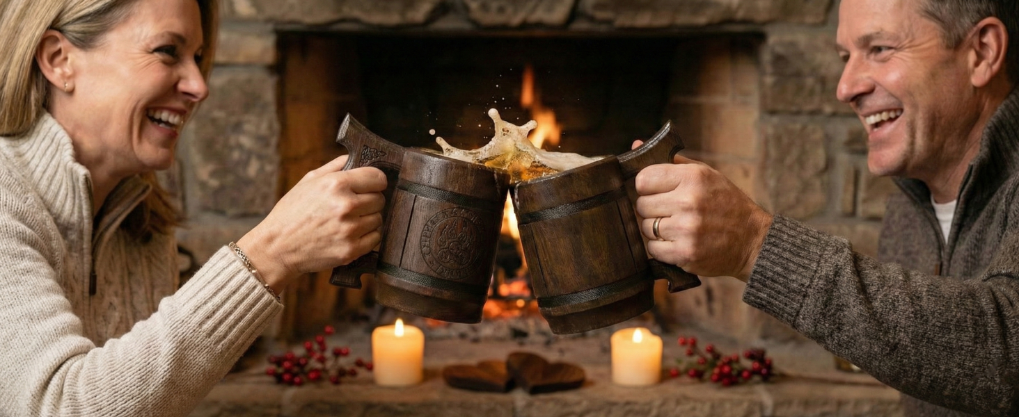 Діжка Wikinger 0.6 л з дуба - середньовічна діжка для пива, кружка, кубок з гравіюванням Молота Тора, рунами. Ідеальний подарунок для чоловіків, дерев'яний кубок з рунами, подарунок на День Святого Валентина