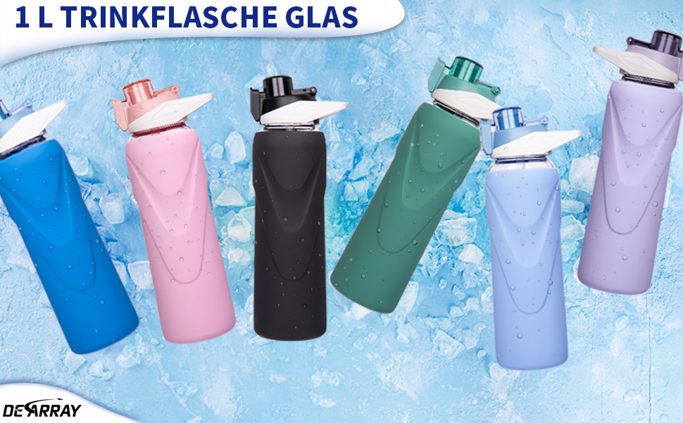 Скляна пляшка для води 1 л з трубочкою, BPA free, боросилікат, силіконова обгортка, темно-зелена