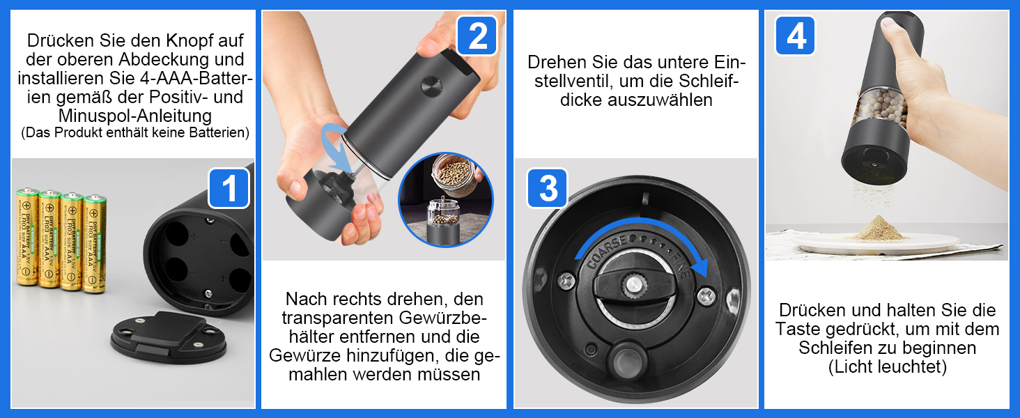Електричні мельниці для солі та перцю 2 шт. з LED-підсвічуванням, регульована ступінь помелу, чорний колір