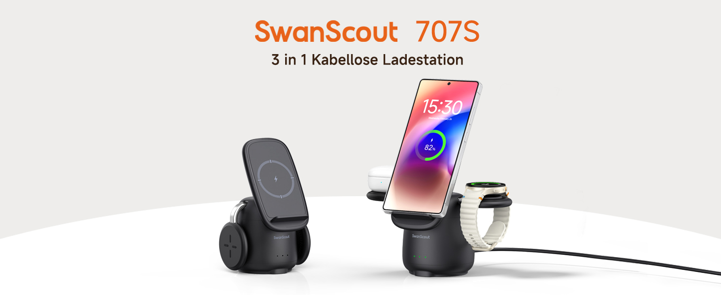 Бездротова зарядка SwanScout 3-в-1 для Samsung S25 Ultra, S24, S23, Z Flip 7, Z Fold 7, Galaxy Watch 8/Ultra/7/6/5/Buds, білий (чорний)