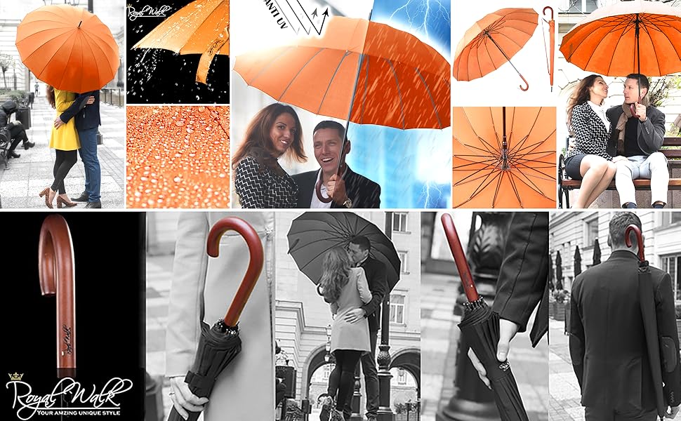 Royal Walk Automatic Travel Golf Umbrella - 54 Inch (140cm) - Windproof, Water-Resistant, 16-Rib, Large Size for 2 People, Wooden Handle, Unisex