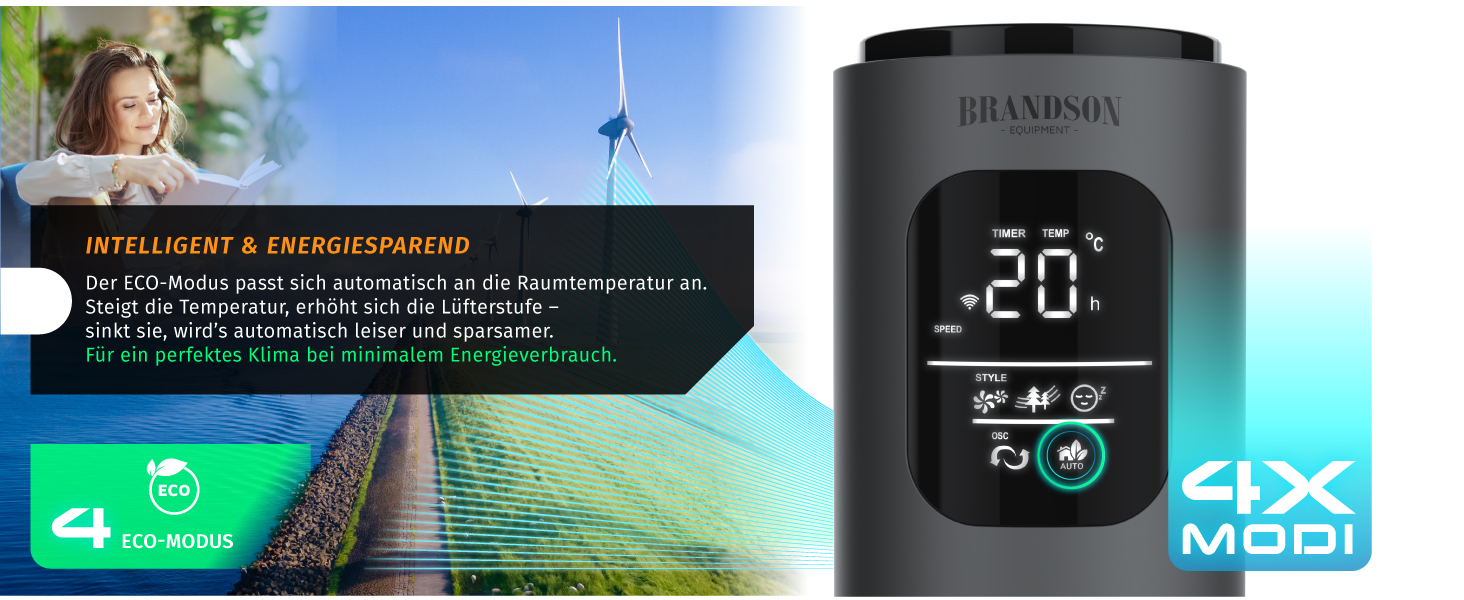 Brandson ECO Tower Fan - Silent DC Motor, 12 Speed, Remote Control, Timer, Energy Efficient, Cool Grey