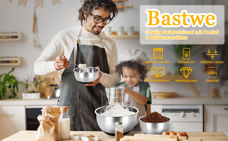 Набір мисок Bastwe з нержавіючої сталі, 4 шт. з кришками, тертки, для випічки та зберігання, складаються, 4.5L/3.5L/2L/1.1 L