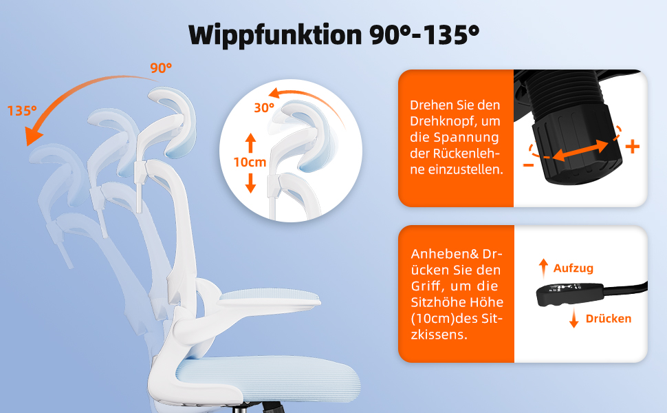 Ергономічне крісло для офісу з регульованою підголівником, підтримкою попереку та відкидними підлокітниками, крісло для начальника, 150 кг, функція гойдання до 135° (Блакитний, Модель 2)