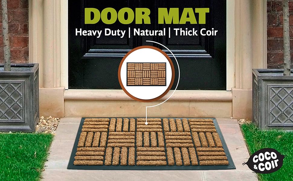 Coco&Coir® Преміум кокосовий килимок для взуття 45x75 см, нековзний, для вхідної зони, зовнішній та внутрішній, з ПВХ основою