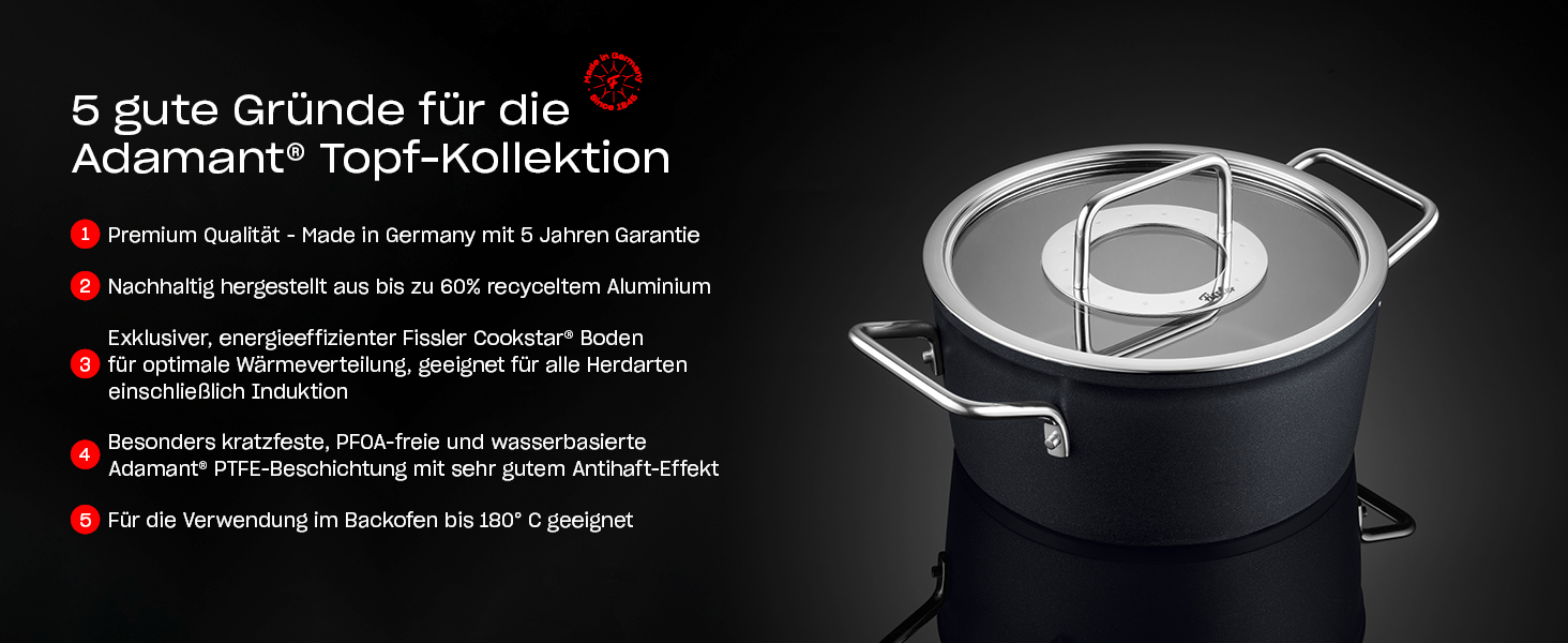 Каструля Fissler Adamant/Aluminium (24 см, 4.9 л) з кришкою з термостійкого скла, антипригарне покриття, для індукційних плит