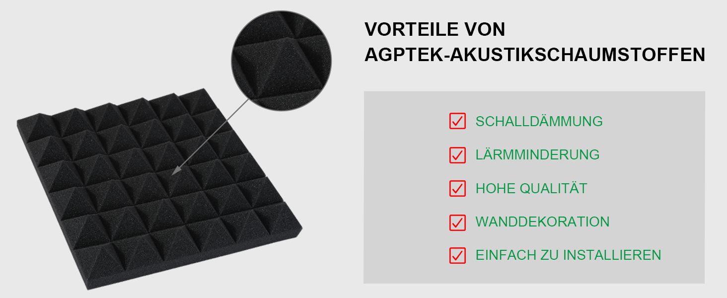 Звукопоглинаючі панелі AGPtEK, акустичний поролон для студії, офісу та кімнати (25 x 25 x 5 см, 24 шт), чорний