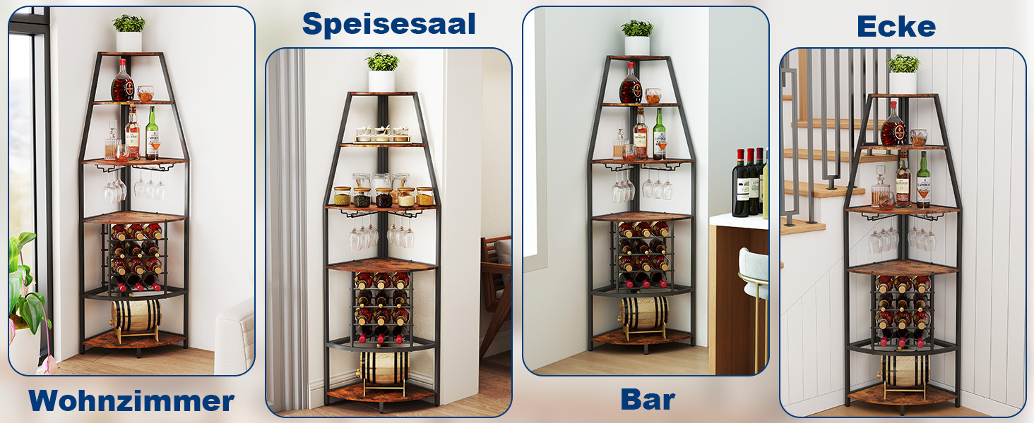 Стеллаж для вина Nisorpa на 12 пляшок, 5-ярусний кутовий, з тримачем для келихів, вінтажний коричнево-чорний