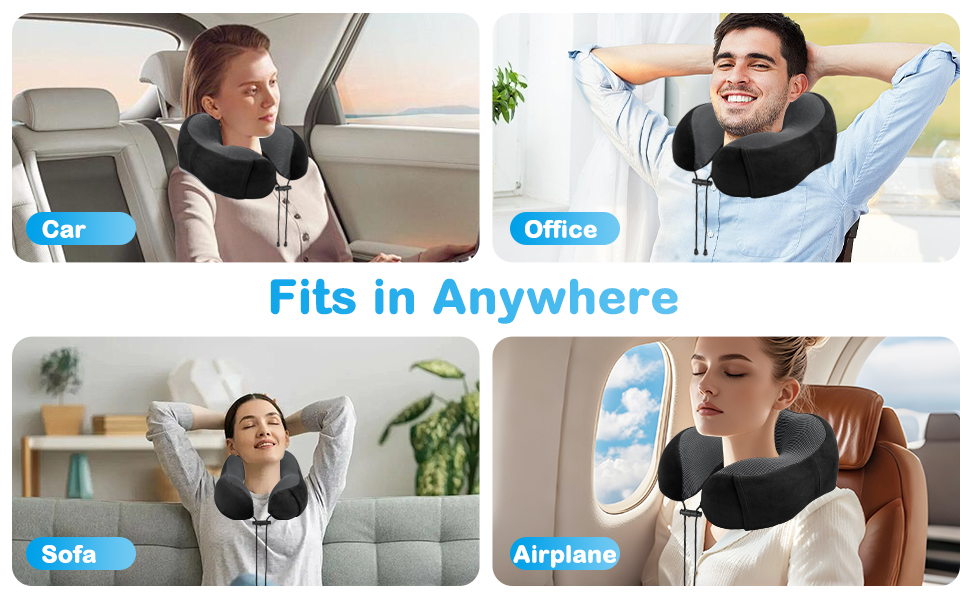 Подушка для шиї в літак, доросла, Memory Foam, регульована, компактна, з навушниками, маскою для сну та чохлом (чорна)