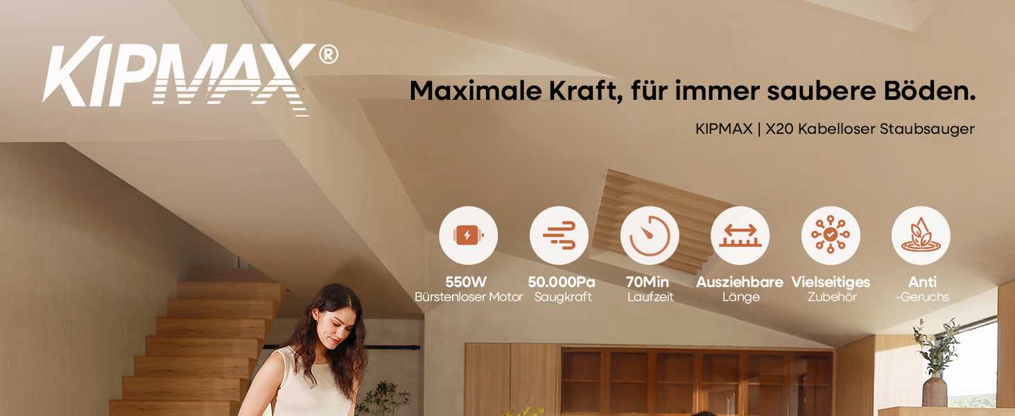 Бездротовий акумуляторний пилосос KIPMAX 50000Pa, 550W, 70 хвилин, 1.5L, з дисплеєм, антизаплутана щітка, 7-шаровий фільтр, 2 арома-пластини, для килимів, шерсті тварин, твердих поверхонь, золотий