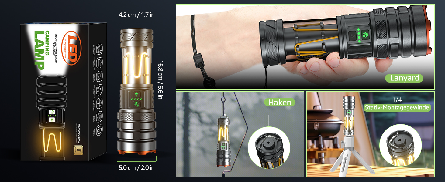 Потужний ліхтарик LED 1000000 люмен, ліхтарик з підзарядкою, кемпінгове світло, зум, 11 режимів, довга робота, водонепроникний тактичний ліхтарик для кемпінгу, відпочинку на природі, надзвичайних ситуацій (сірий)