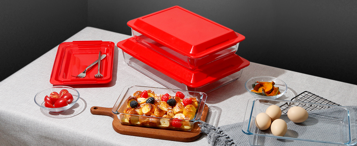 Set of 4 Glass Casserole Dishes with Lids, 1+1.7+2.8+4.2L - Lasagna Dish for Oven (NOT THE LID), Rectangular, Glass Storage Containers with Plastic Lid Rectangular with Lid - 1+1.7+2.8+4.2L
