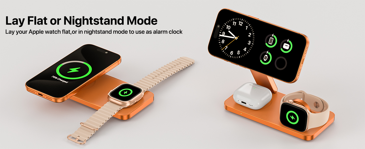Бездротова зарядна станція 3 в 1 для Apple iPhone 17/16/15/14/13/12, Apple Watch Ultra/11/10/SE та AirPods 4/3/2, сумісна з MagSafe, складана, помаранчева