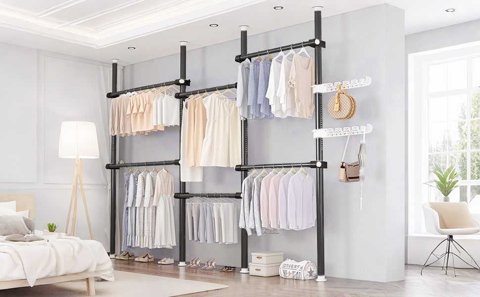 Телескопічна система для гардеробу, штанга для одягу з 6 штангами, телескопічний шафа для одягу з 2 гачками, регульована полиця 110-300 см, для дому та магазину одягу, білий (чорний)