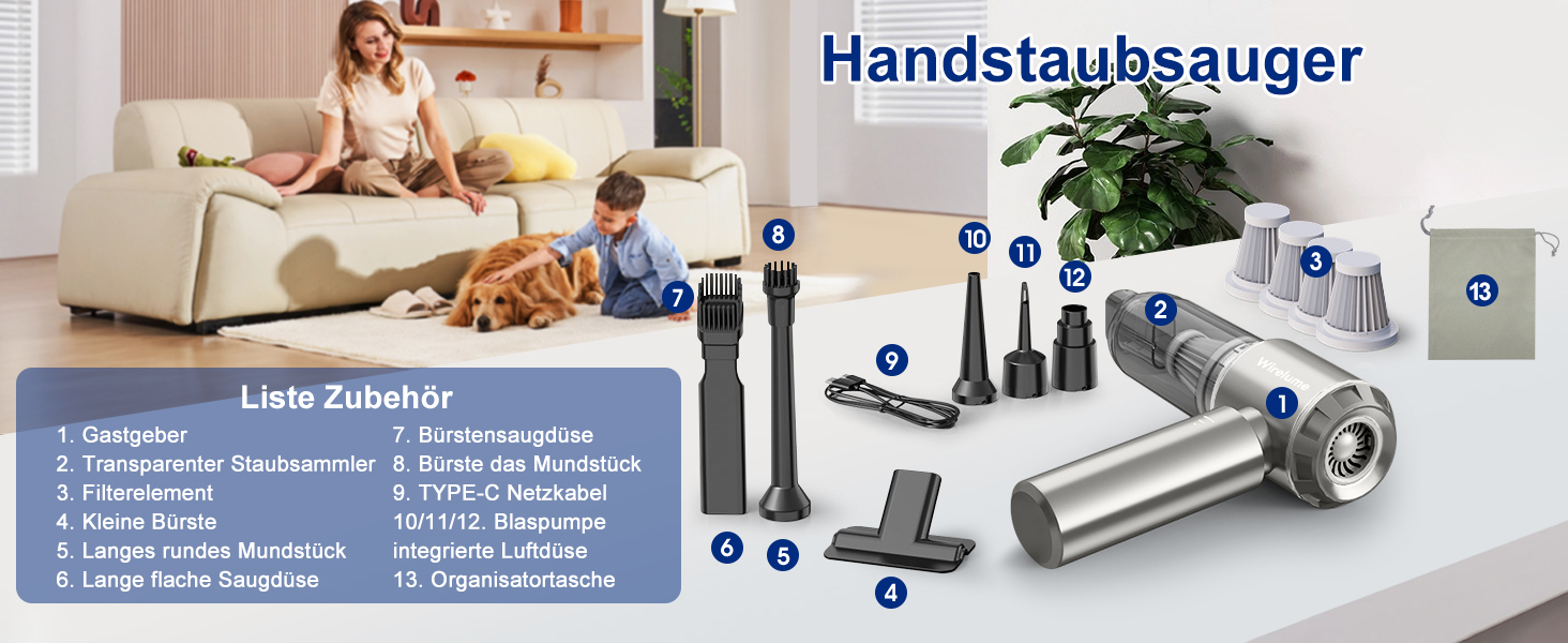 Акумуляторний автомобільний пилосос 4-в-1 Handstaubsauger: портативний, бездротовий, для шерсті тварин, потужність 22000 Па, сірий