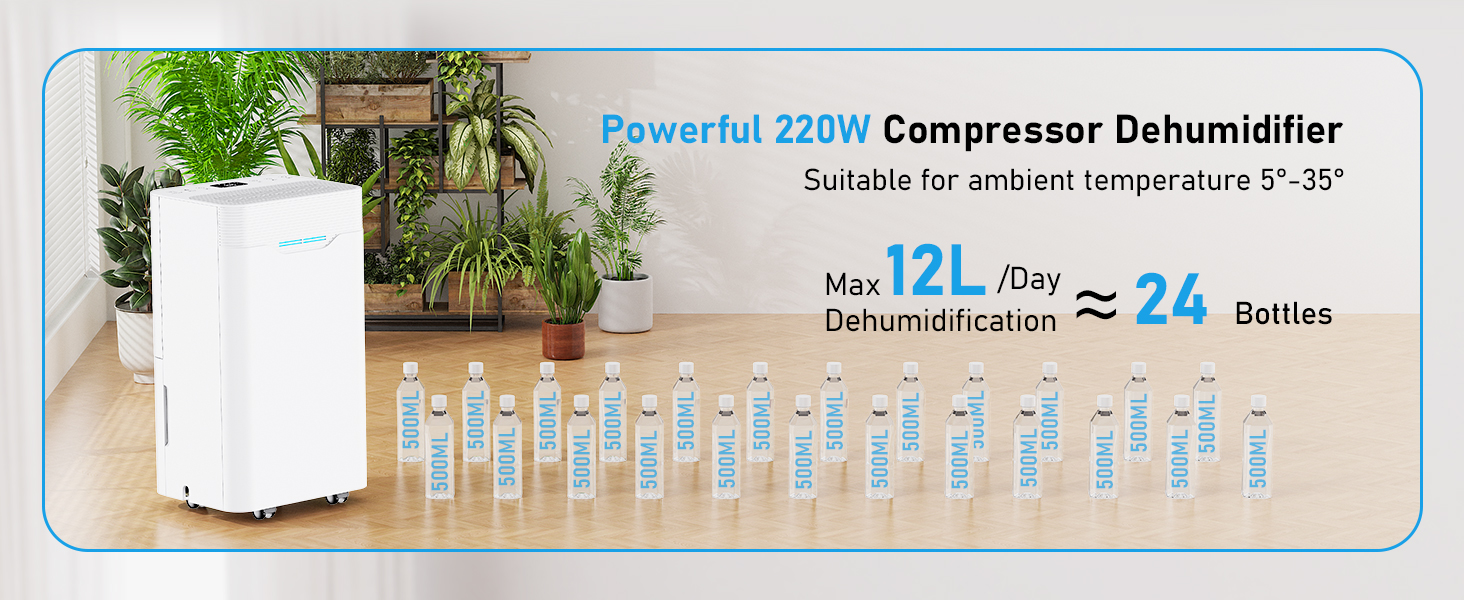 Електричний осушувач повітря 12L/день з таймером 24 год, 3 режими, автоматичне вимкнення, шланг для зливу, для приміщень до 100 м³, білий