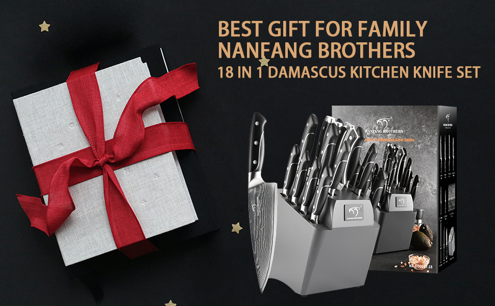 NANFANG BROTHERS 18-Piece Damascus Kitchen Knife Set with Hammered Handles & Wood Block - Premium Sharp Steel Blades