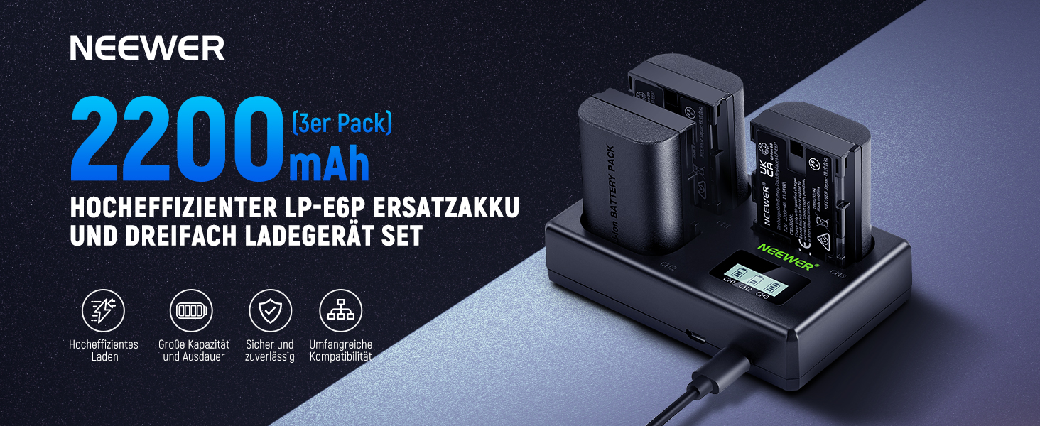 NEEWER LP-E6NH Запасний акумулятор та зарядний пристрій USB, 3 шт. 2250mAh для Canon EOS R7 R5 R6 R6 II R, 5DIV, 6DII, 7DII, 80D, 90D