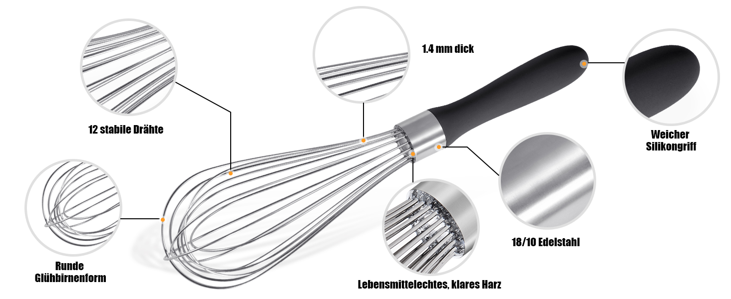 Віскер Доosu 28 см для приготування їжі, кулька з нержавіючої сталі 18/8, міцний ручний віскер для змішування, збивання, збивання (чорний) Чорний M-28cm
