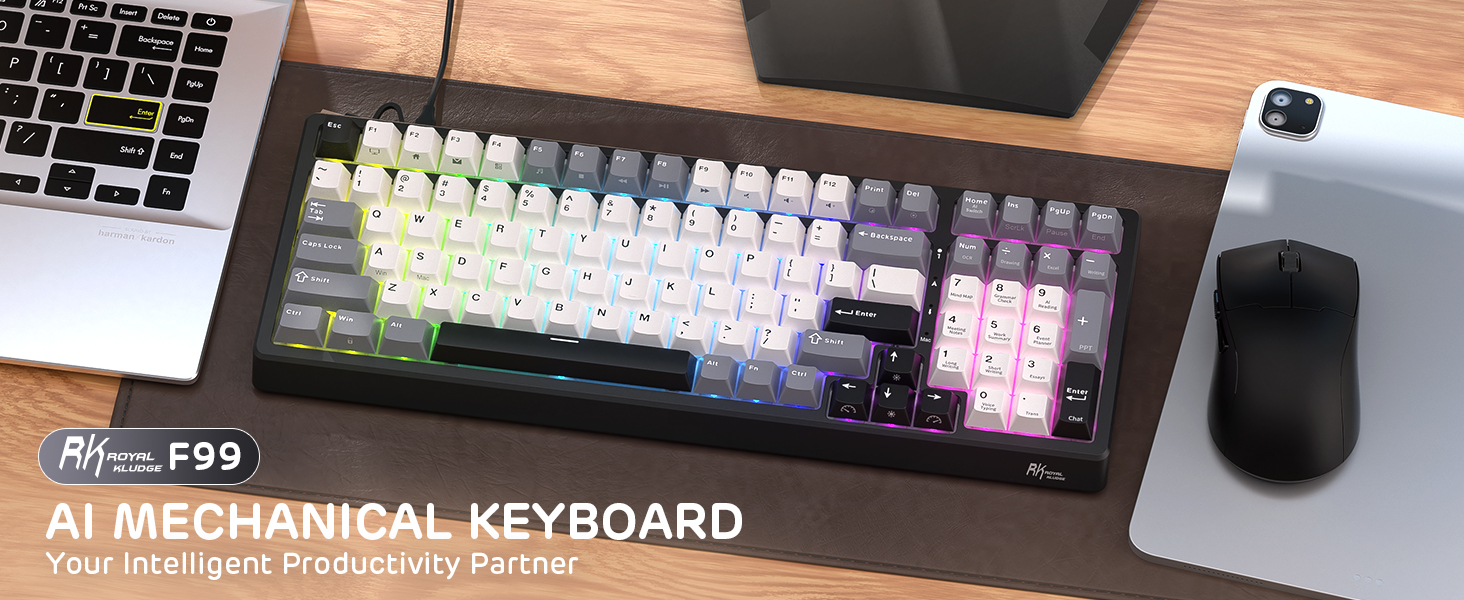 Ігрова механічна клавіатура Royal Kludge RK100 з RGB-підсвічуванням, 100 клавіш, QWERTY, Hot-Swap, USB, підтримка AI