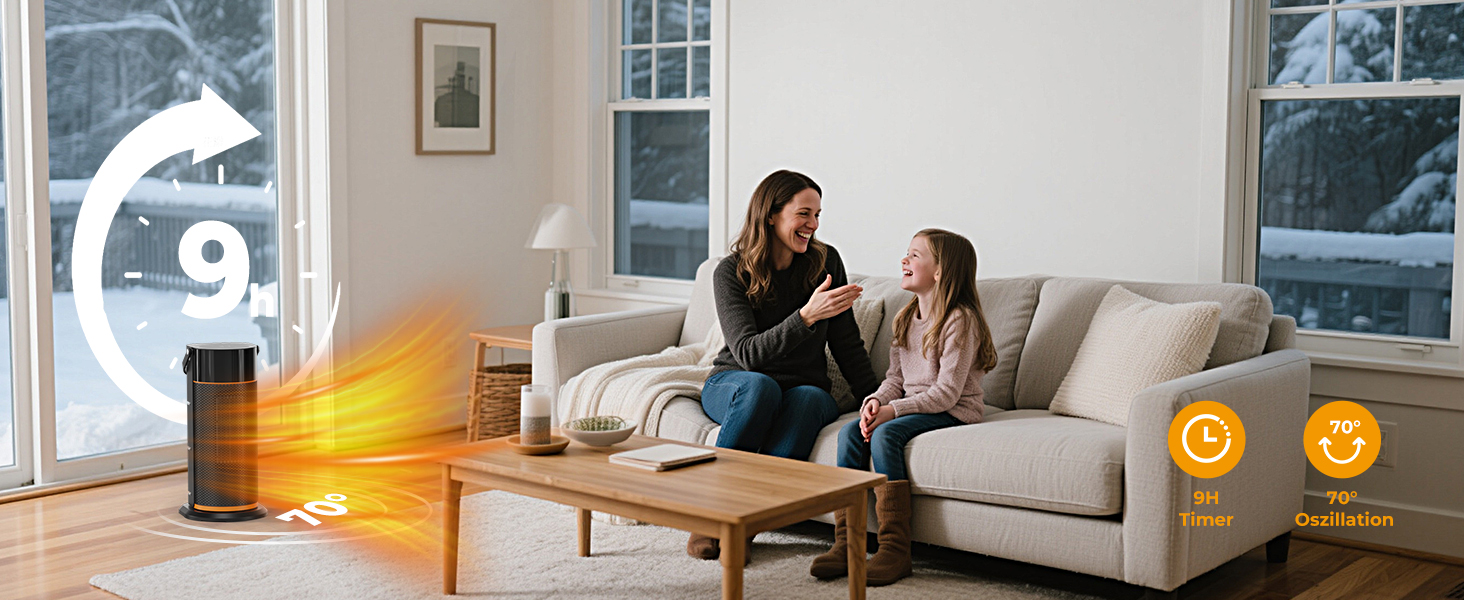 Електричний обігрівач 2000W з PTC-керамічним нагрівачем, тихий, з пульт дистанційного керування, таймером, поворотним механізмом 70° та LED-дисплеєм. Підходить для офісу, спальні, ванної кімнати, дому. Чорний, без полум'я.