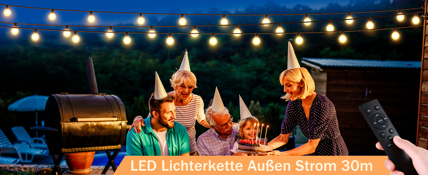 Ланцюжок прикрас LED, 30 метрів, для зовнішнього використання, G40, сад, балкон, тераса, патіо, IP44, з пусковим пристроєм