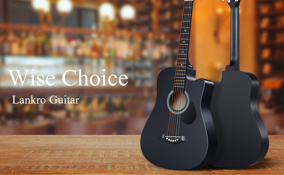 Акустична гітара Lankro 38 дюймів для початківців: чорна гітара Westerngitarre з кейсом, підставкою, медіатором, тюнером, набором струн та інструкцією