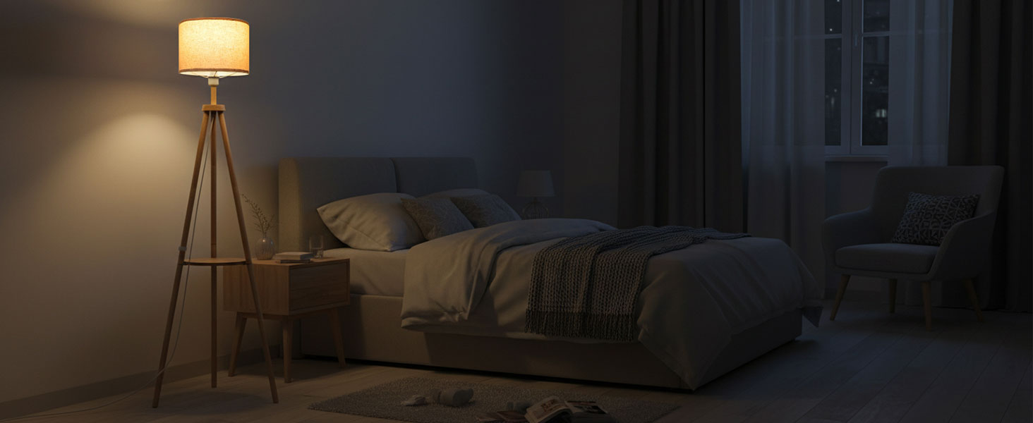 Стельова лампа для вітальні з полицею, дерев'яна LED-стійка лампа з регулюванням яскравості, тринога, 3 колірні температури, таймер на 30/60 хвилин, абажур, вимикач на корпусі для вітальні, спальні, офісу.