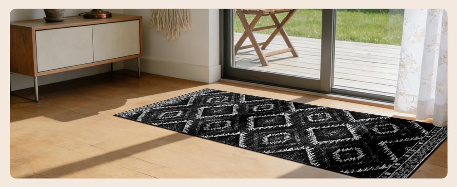 Килимок-довгий килим для коридору 60 x 180 см, неслизький для кухні, з коротким ворсом, пральний, складаний, у стилі бохо – для коридору, кухні, вітальні та офісу, чорно-білий 60 x 180 см