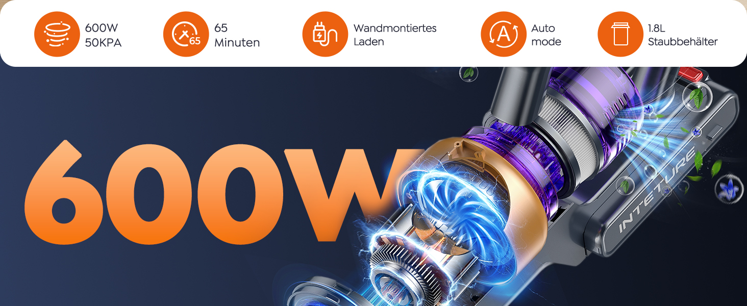 Бездротовий акумуляторний пилосос INTETURE 50KPa, 600W, 65 хвилин роботи, з док-станцією, автоматичний режим, сенсорний екран, антизаплутана щітка, для будь-яких поверхонь