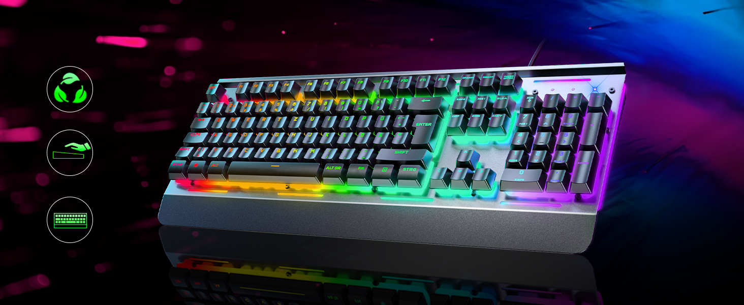 TECKNET RGB ігрова клавіатура для ПК, мембранна, 105 клавіш, повний металевий корпус, підставка для зап'ястя, 15 зон RGB підсвічування, 25 антиблінд, клавіатура для комп'ютера, німецька розкладка (QWERTZ)