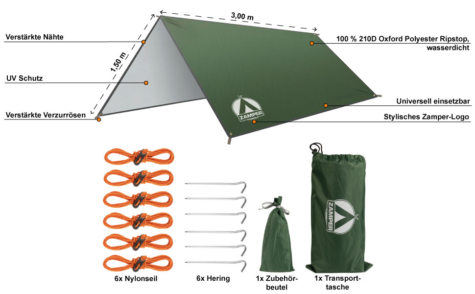 Тент Zamper Zelt-Plane 3x3m: водовідштовхуючий сонцезахисний тент для кемпінгу та відпочинку на природі (зелений)